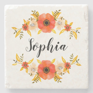 Floral Watercolor Coral Wreath Custom Text Stone Coaster