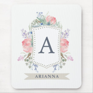 Floral Watercolor Crest with Monogram Mouse Pad