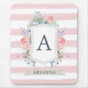 Floral Watercolor Crest with Monogram Stripe Mouse Pad