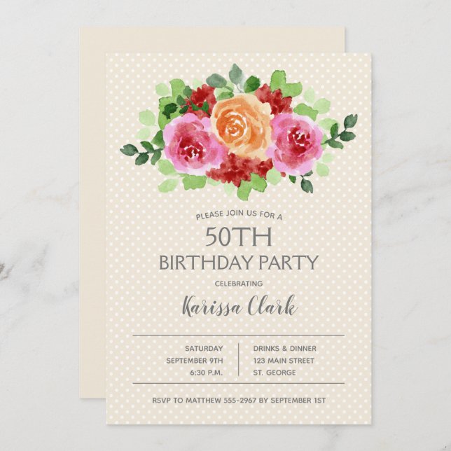 Floral Watercolor Dots Birthday Invitations (Front/Back)
