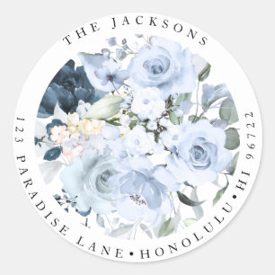 Floral Watercolor Dusty Blue Roses Classic Round Sticker
