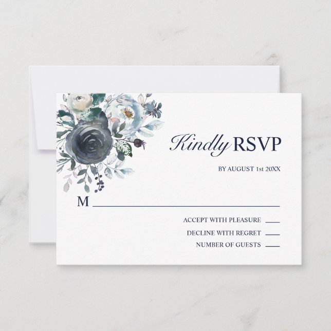 Floral Watercolor Dusty Navy Blue RSVP Wedding Card (Front)