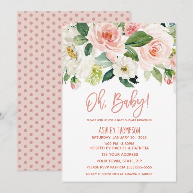 Floral Watercolor Dusty Pink Girls Baby Shower   Invitation (Front/Back)