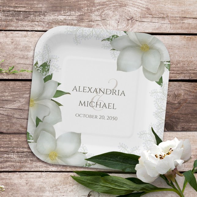 Floral Watercolor Elegant Magnolia Flower Blooms Paper Plate (Creator Uploaded)