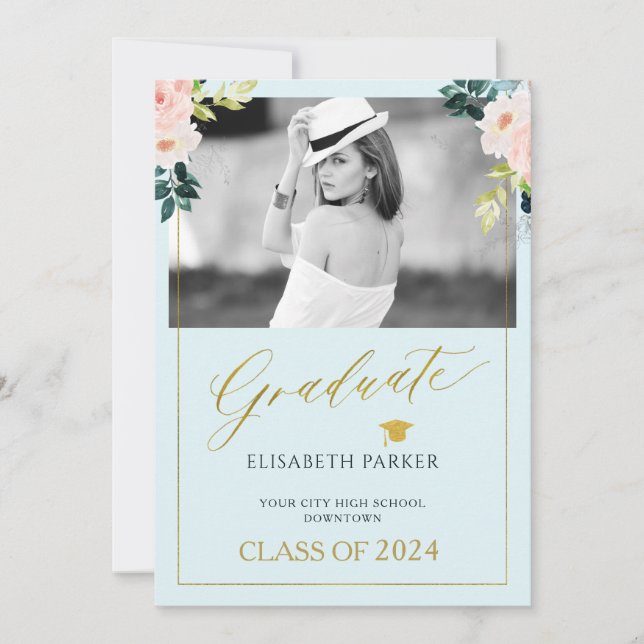 Floral watercolor elegant photo graduation announcement (Front)