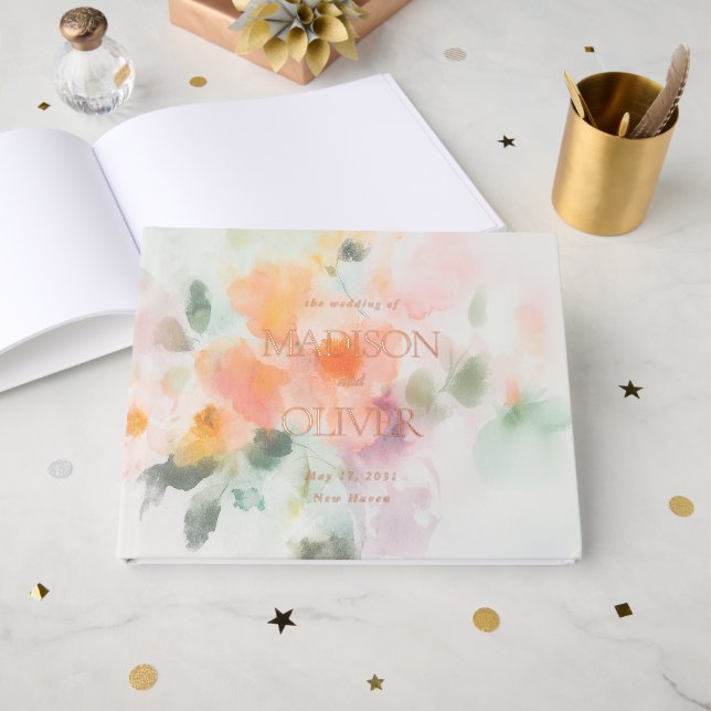 Floral Watercolor Elegant Romantic Luxury Wedding Guest Book (Front Open)