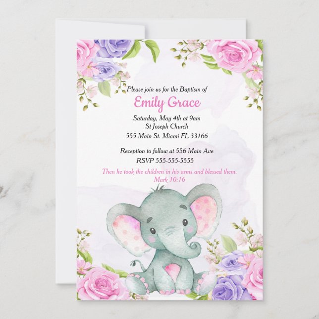 Floral Watercolor Elephant Girl Baptism Invitation (Front)