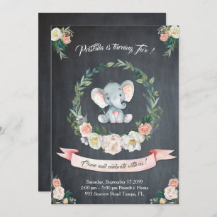 Floral watercolor Elephant Invitation, Baby 2nd Invitation