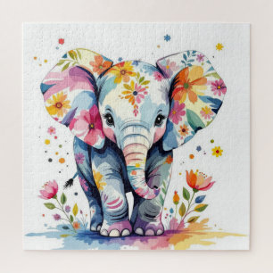 Floral Watercolor Elephant Jigsaw Puzzle
