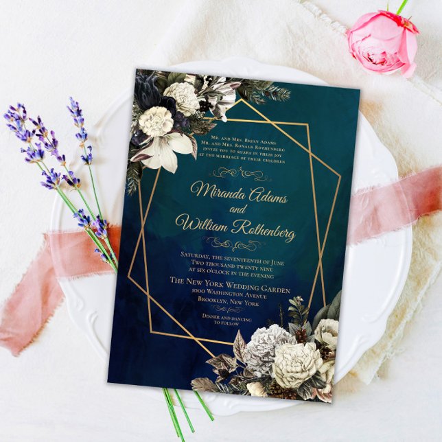Floral Watercolor Emerald Green and Gold Wedding Invitation (Creator Uploaded)