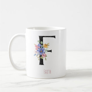 Floral Watercolor F Monogram Name Black Polka Dot Coffee Mug