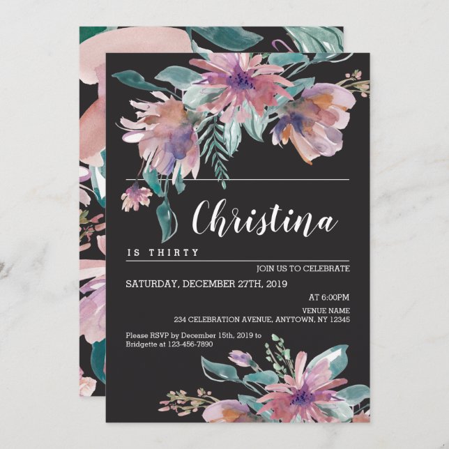 Floral Watercolor Female Birthday celebration Invitation (Front/Back)
