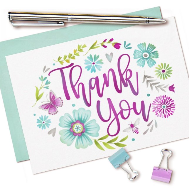 Floral Watercolor Flat Thank You Card (cute watercolor floral thank you cards.)