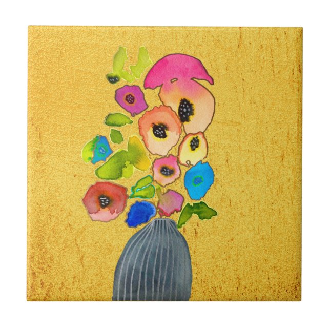 Floral watercolor flowers in vase ceramic tile (Front)