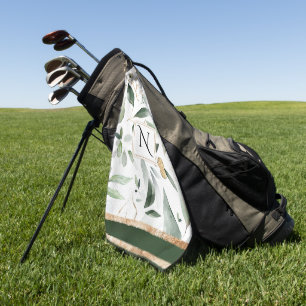 Floral Watercolor Foilage Gold Glitter Monogram Golf Towel