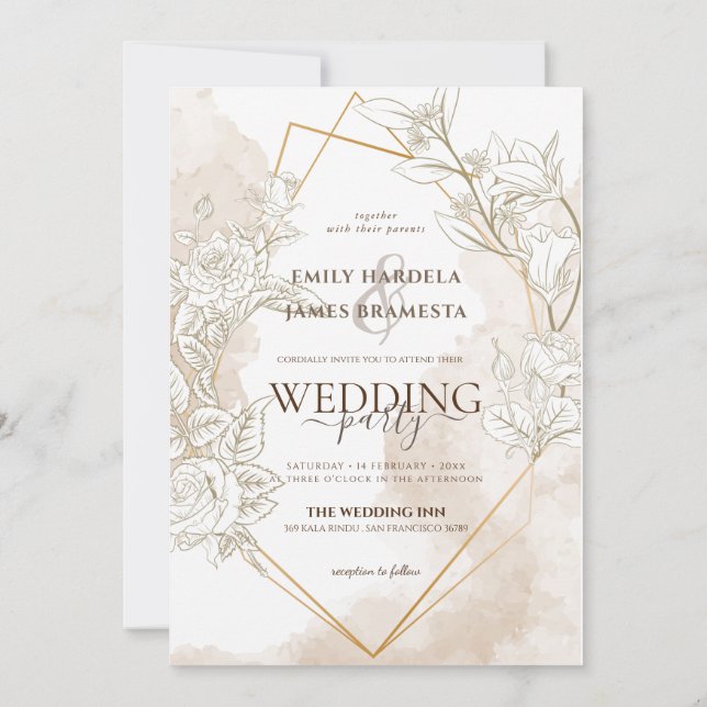 Floral Watercolor Gold Fremad Wedding Invitation (Back)