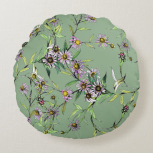 Floral Watercolor: Green Seamless Pattern Round Cushion