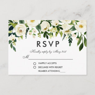 Floral Watercolor Green White Wedding RSVP