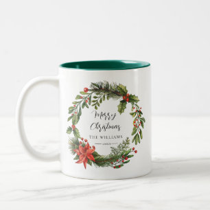 Floral Watercolor Greenery Family Christmas Custom Two-Tone Coffee Mug