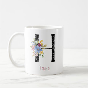 Floral Watercolor H Monogram Name Black Polka Dot  Coffee Mug