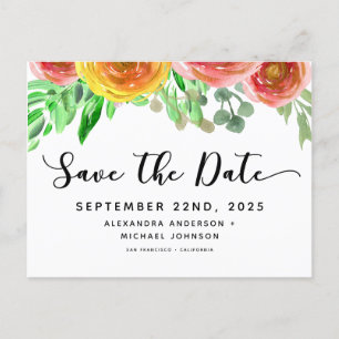 Floral Watercolor Hand Lettered Save the Date Announcement Postcard