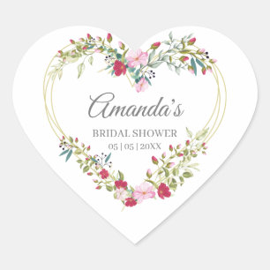 Floral Watercolor Heart with Leaves in Pink & Red Heart Sticker