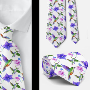Floral Watercolor Hummingbird Flowers Neck Tie