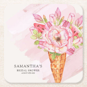 Floral Watercolor Ice Cream Bridal Shower Square Paper Coaster