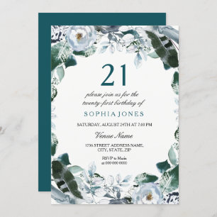 Floral Watercolor Jade Green 21st Birthday Invite