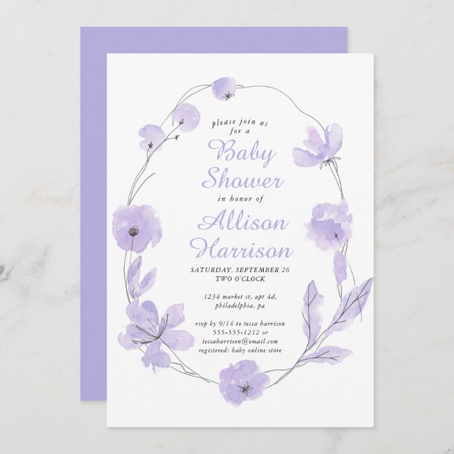 Floral Watercolor Lavender Baby Shower Invitation (Front/Back)