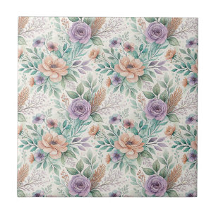 Floral Watercolor Lavender & Peach Flowers Pattern Ceramic Tile