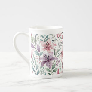 Floral Watercolor Lilies Pink Bone China Mug