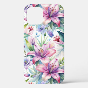 Floral Watercolor Lilies Pink purple iPhone 12 Case