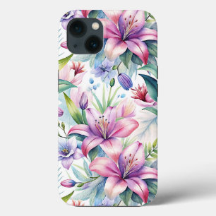Floral Watercolor Lilies Pink purple iPhone 13 Case
