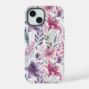 Floral Watercolor Lilies Pink purple iPhone 15 Case