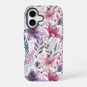 Floral Watercolor Lilies Pink purple iPhone 16 Case