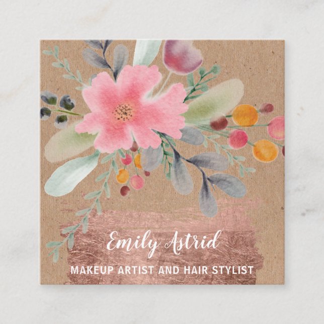 Floral watercolor makeup hair kraft rose gold square business card (Front)