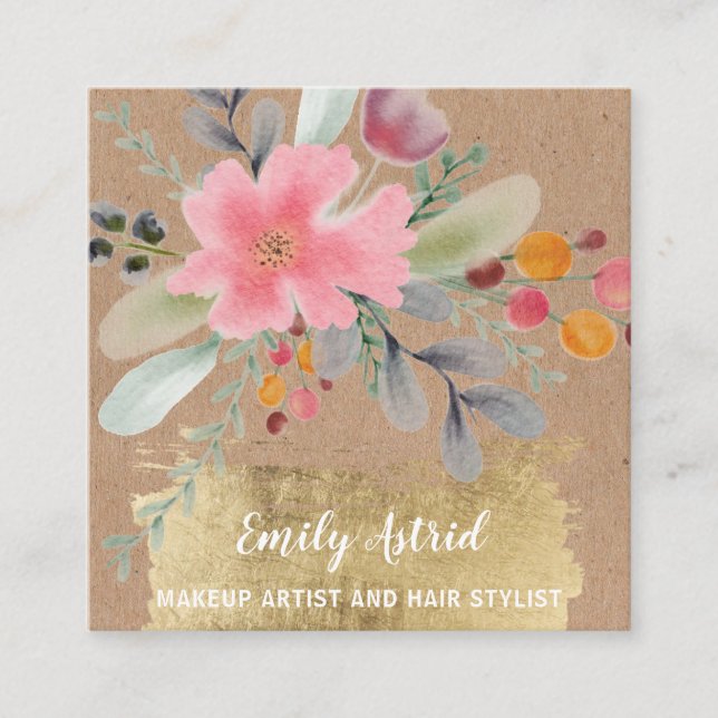 Floral watercolor makeup hair script gold kraft square business card (Front)