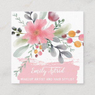 Floral watercolor makeup hair script pink square business card