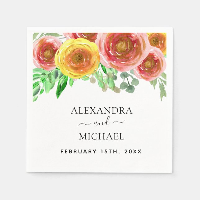 Floral Watercolor Modern Elegant Spring Wedding Napkin (Front)