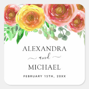 Floral Watercolor Modern Elegant Spring Wedding Square Sticker