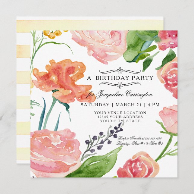 Floral Watercolor Modern Pink Rose Leaf Foliage Invitation (Front/Back)