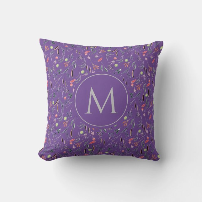 Floral Watercolor MONOGRAM Lavender Cushion (Front)