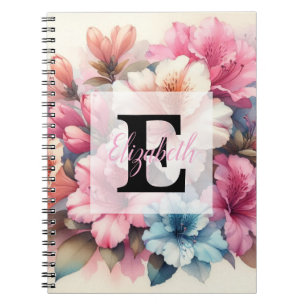 Floral watercolor monogram pink blue azaleas notebook