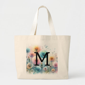 Floral watercolor monogram pink blue dandelions  large tote bag