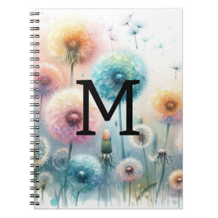 Floral watercolor monogram pink blue dandelions notebook