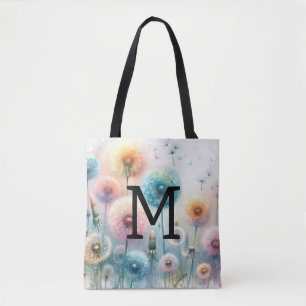 Floral watercolor monogram pink blue dandelions tote bag