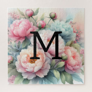 Floral watercolor monogram pink blue peonies  jigsaw puzzle
