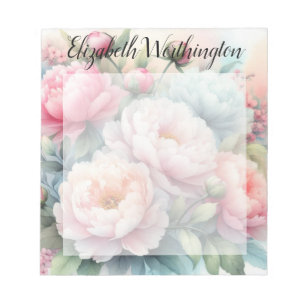 Floral watercolor monogram pink blue peonies notepad