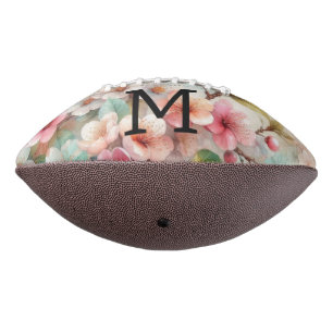 Floral watercolor monogram pink cherry blossoms  football